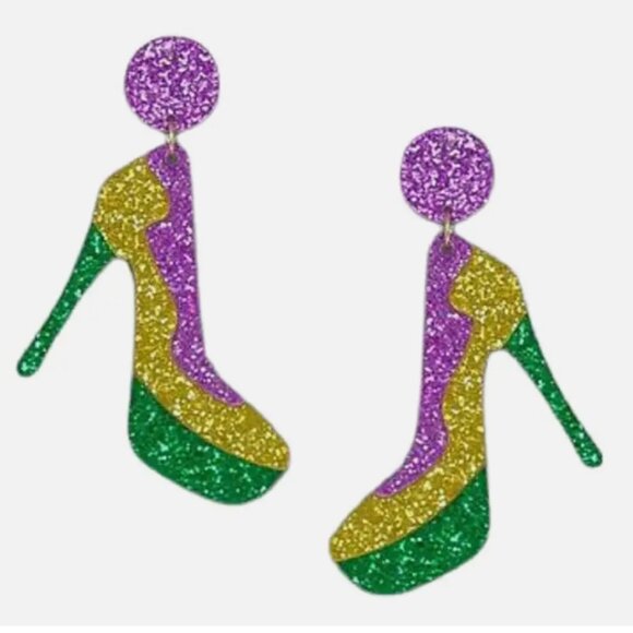 Mardi Gras Glitter Heel Earrings – Purple Green Gold Statement - Picture 1 of 3